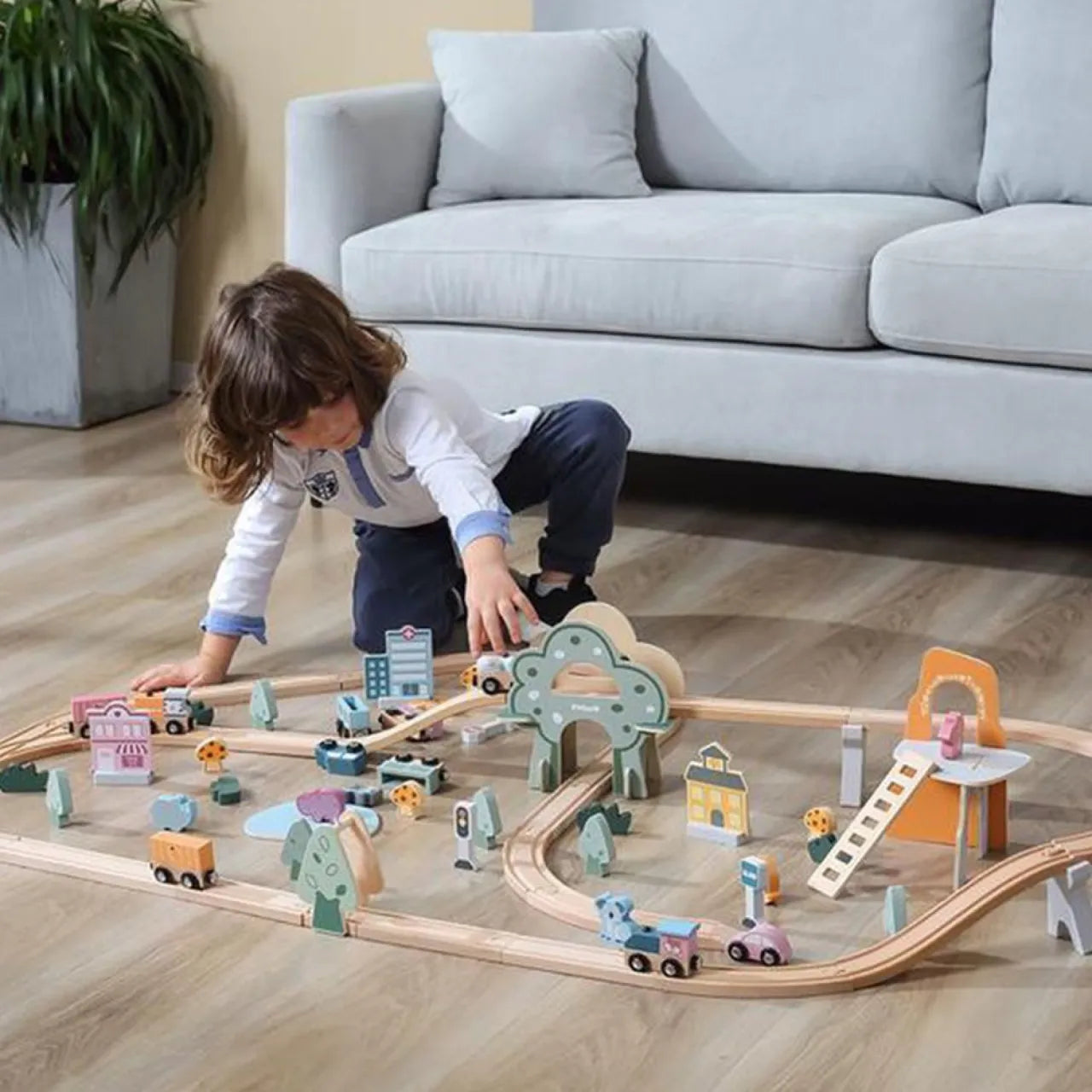Wooden Train Set PolarB, For Kids 3+, 90 Piece Track and Trains