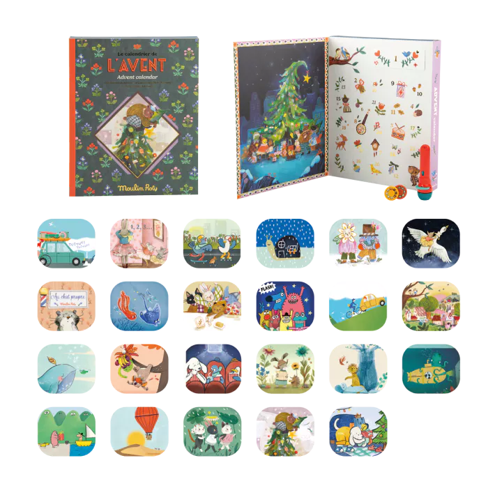 Children's Advent calendar with open pages showing festive illustrations.