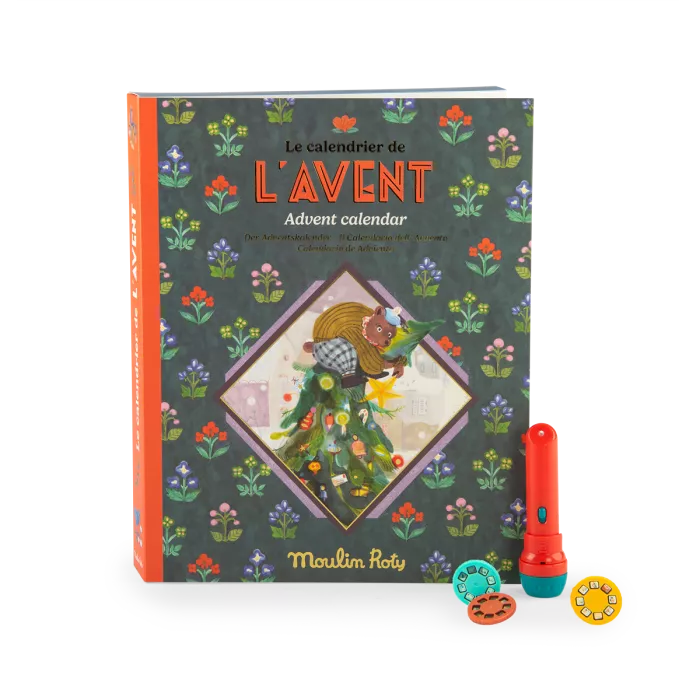 Advent calendar with colorful design and small items on a white background