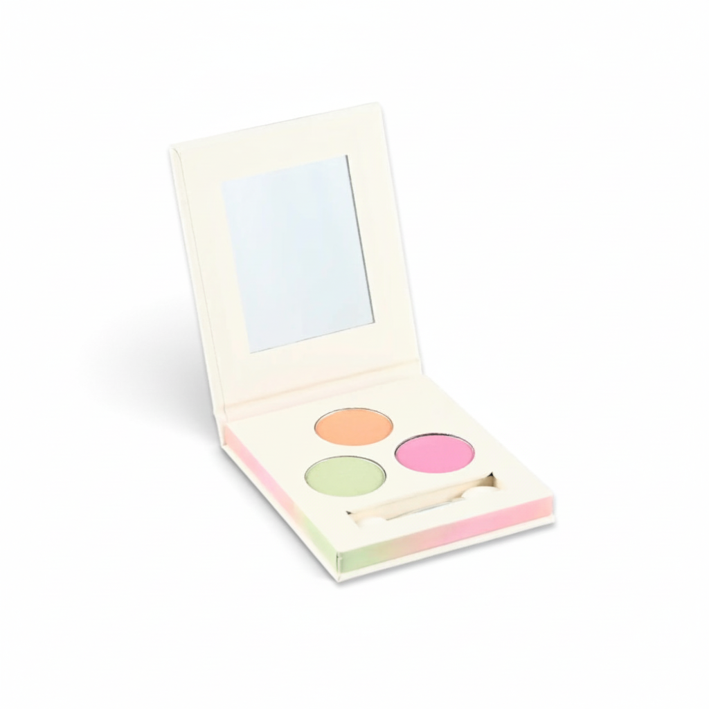 One Two Play Spring 3 eyeshadow palette for kids with soft pastel shades, mirror, and applicator in cardboard case.
