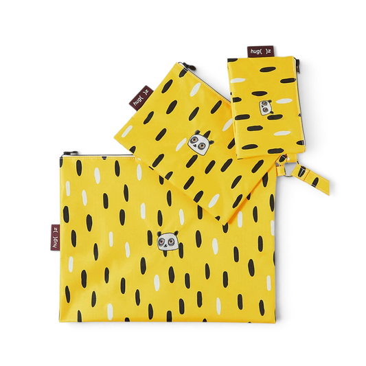One Two Play Beach Band multi-purpose bags in yellow with black and white HugZ panda print, 3-pack for kids.
