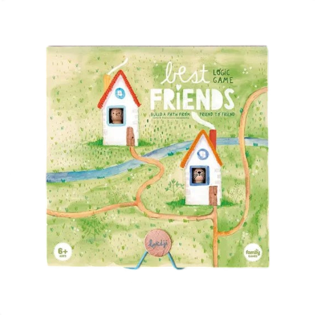 One Two Play Best Friends logic game box featuring a watercolor illustration of a rabbit and otter in houses
