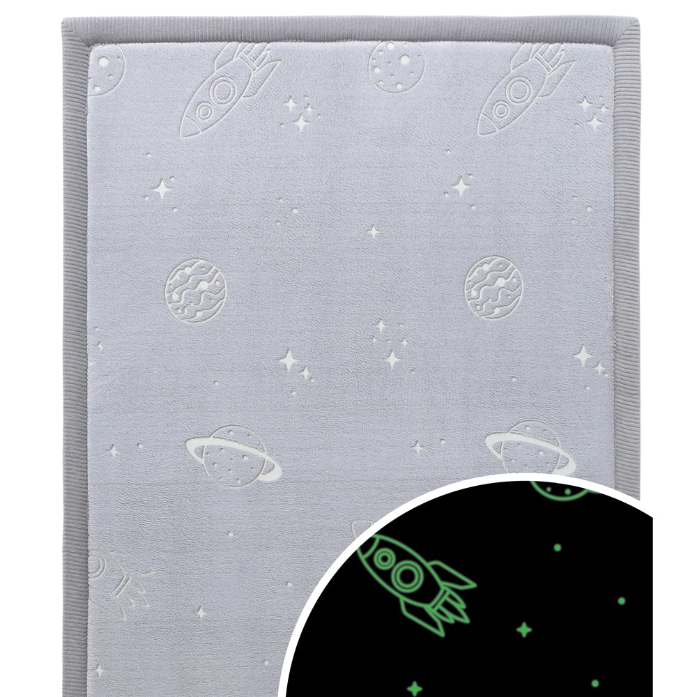 Gray rug with space-themed design and a glow-in-the-dark feature.