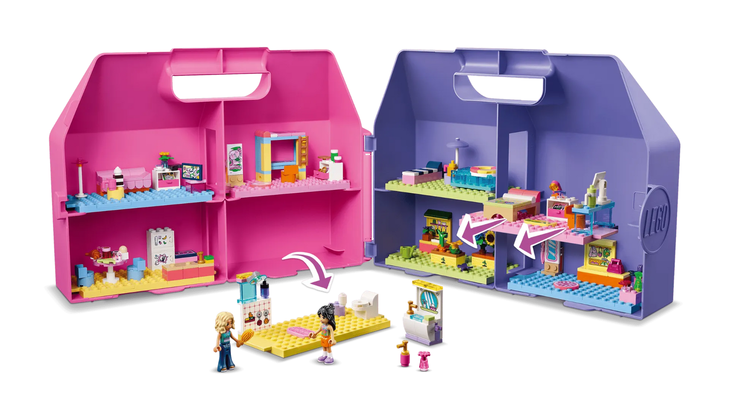 LEGO Friends set with pink and purple carrying case on a white background