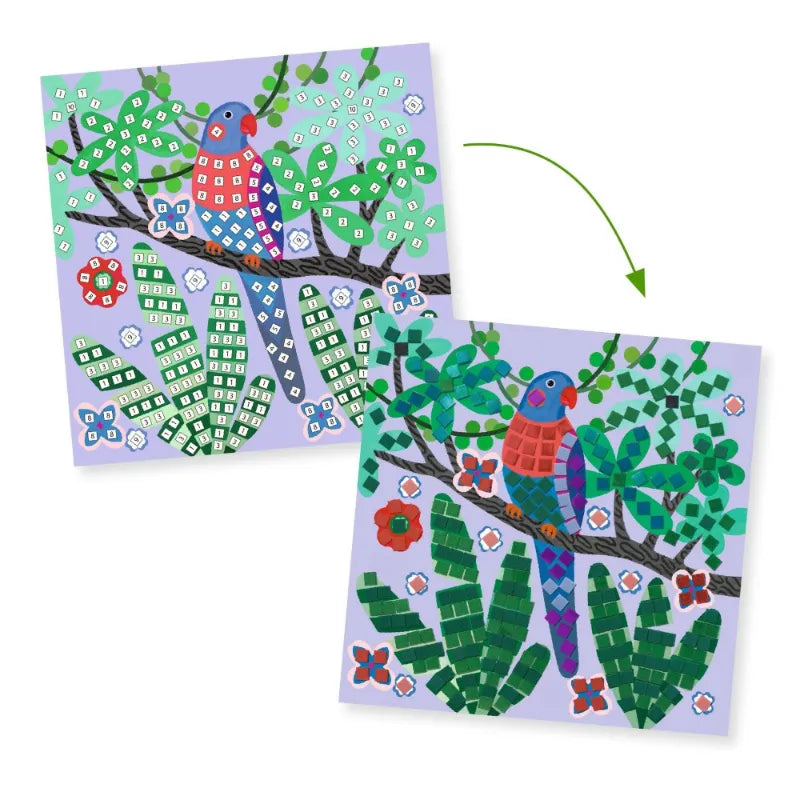 Mosaic construction with metallic effect: Shiny birds, Djeco