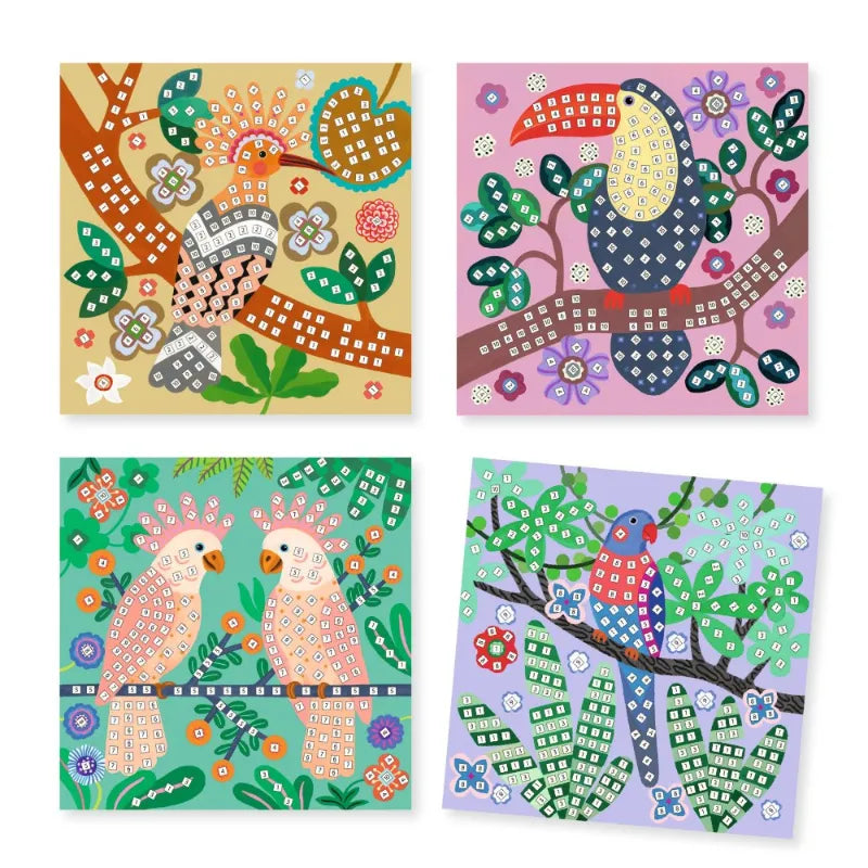 Mosaic construction with metallic effect: Shiny birds, Djeco