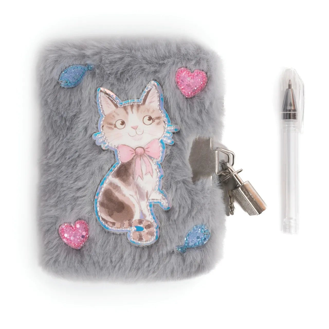 Cuddle Cat Mini Furry Journal, Grey Notebook With Lock And Pen For Kids 3+