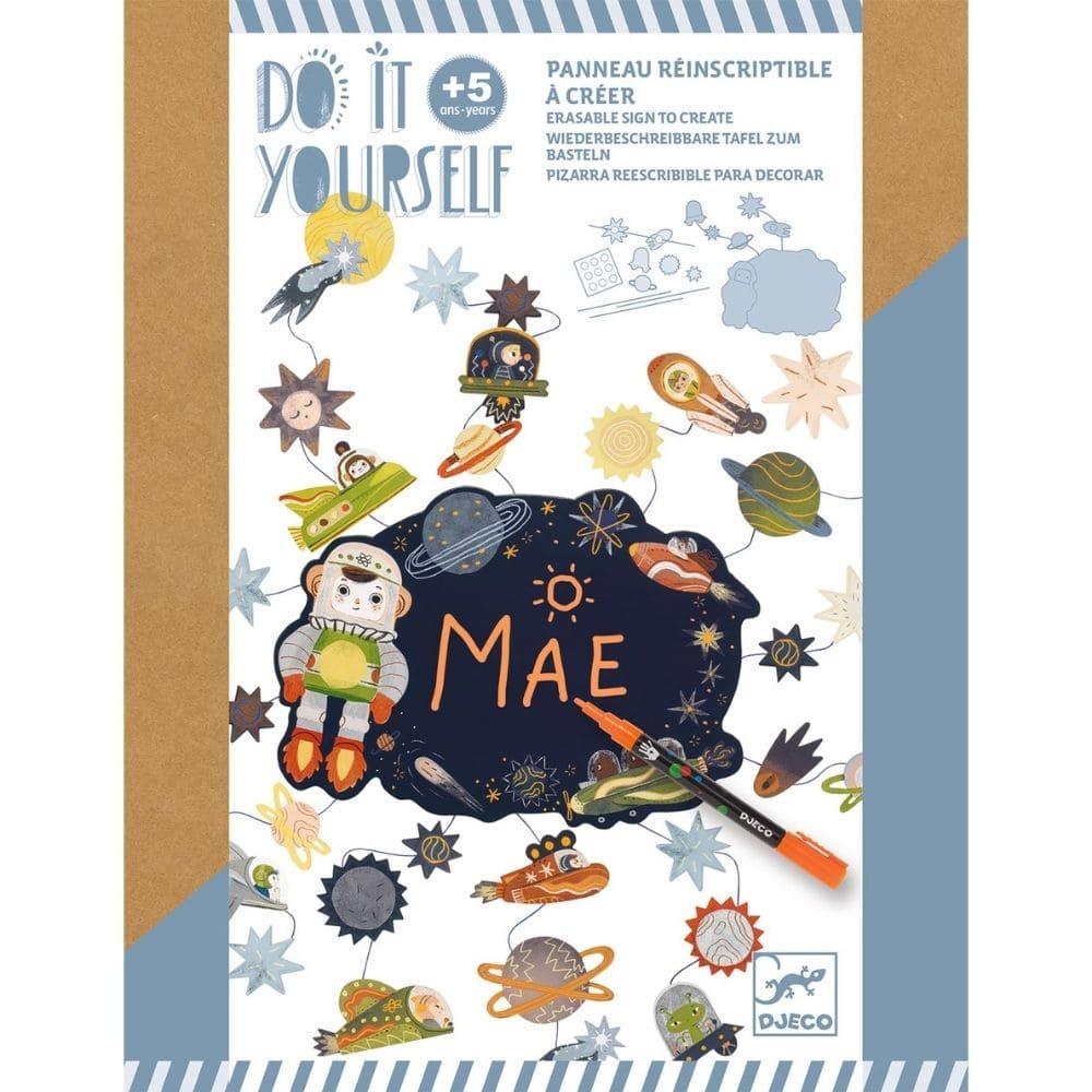 Children's activity panel with space-themed illustrations and the name 'MAE' on a white background.