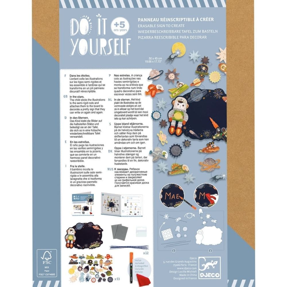 Children's craft kit packaging with illustrations and text on a blue and brown background