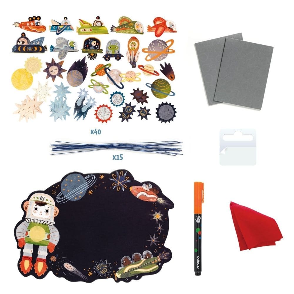 Space-themed craft set with stickers, markers, and a blackboard with astronaut design on a white background.