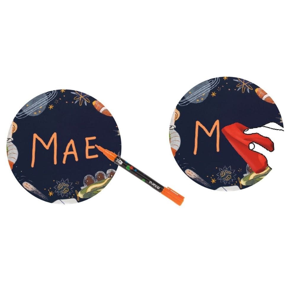 Two round containers with space-themed designs and the name 'Mae' on a white background.
