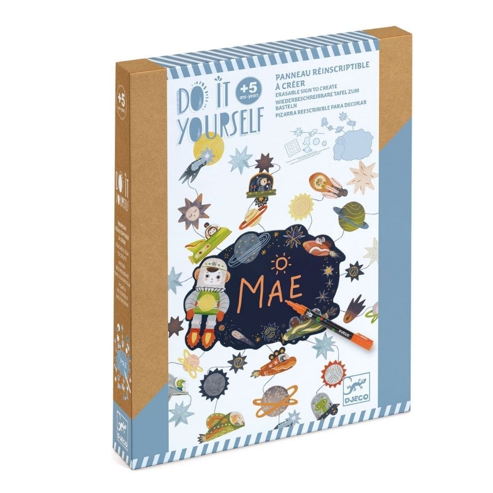 Children's craft kit packaging with space-themed illustrations on a white background