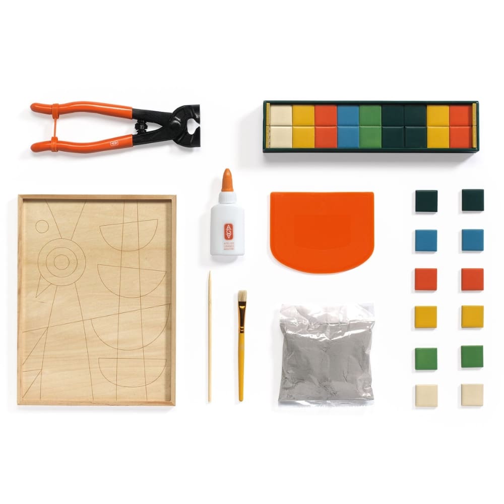 Set of art supplies including pliers, paint palette, glue, brush, and color swatches on a white background