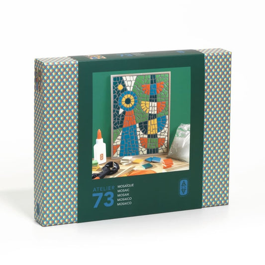 Mosaic art kit packaging with mosaic piece and tools on a white background