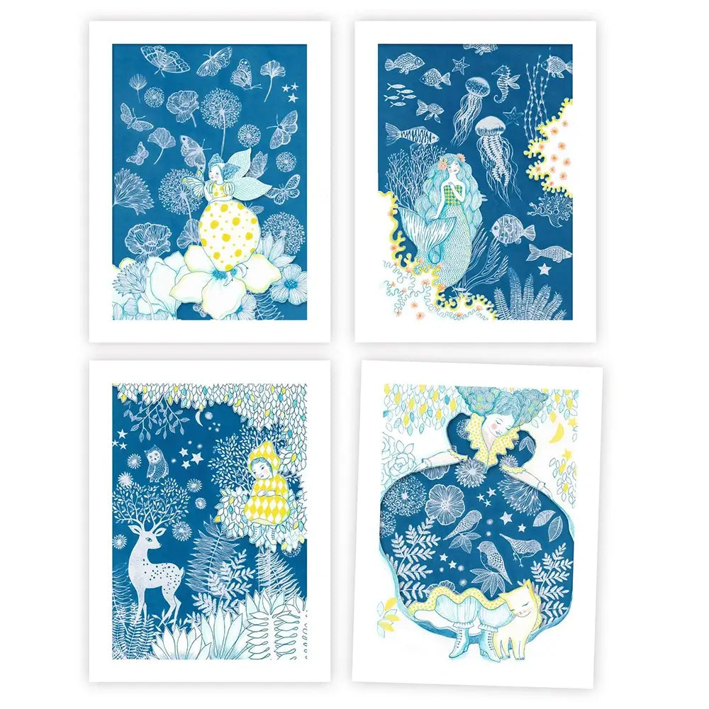 Set of four illustrated prints with nature and fantasy themes on a blue background.
