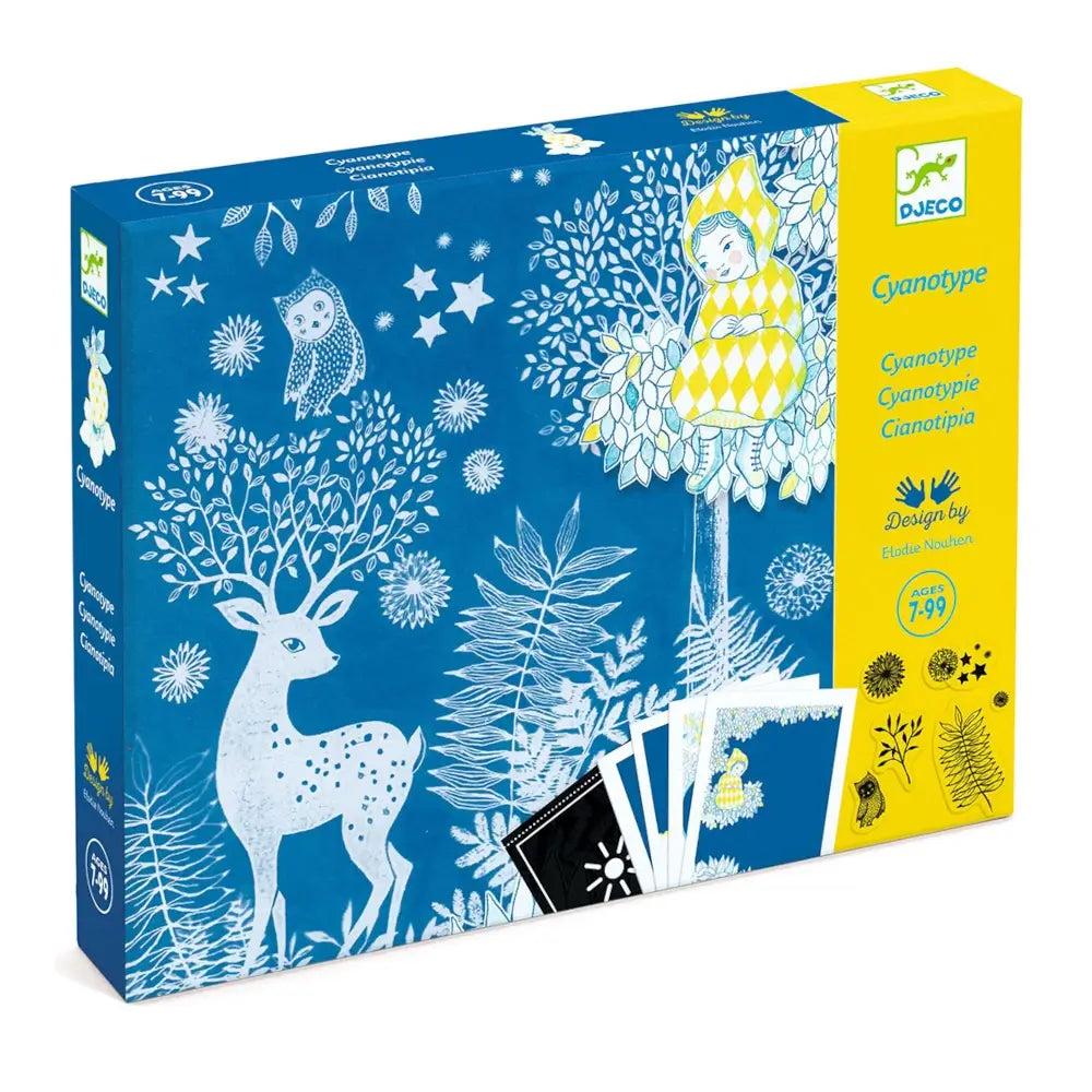 Djeco Cyanotype kit packaging with illustrations of a deer, owl, and fairy on a blue and yellow background.