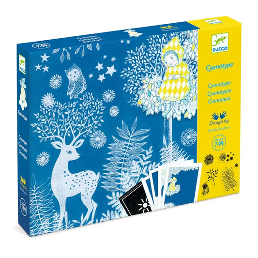 Djeco Cyanotype kit packaging with illustrations of a deer, owl, and fairy on a blue and yellow background.