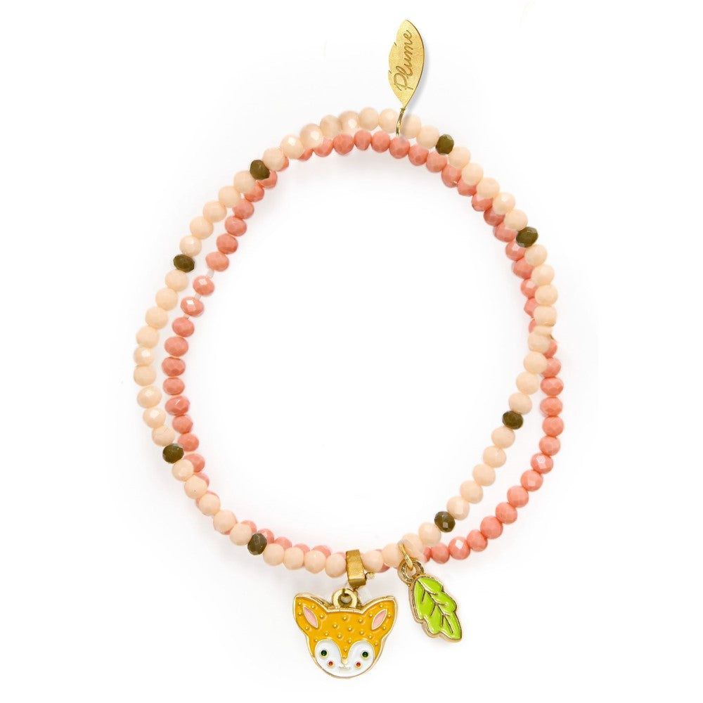 Bracelet with fox charm and leaf on a white background