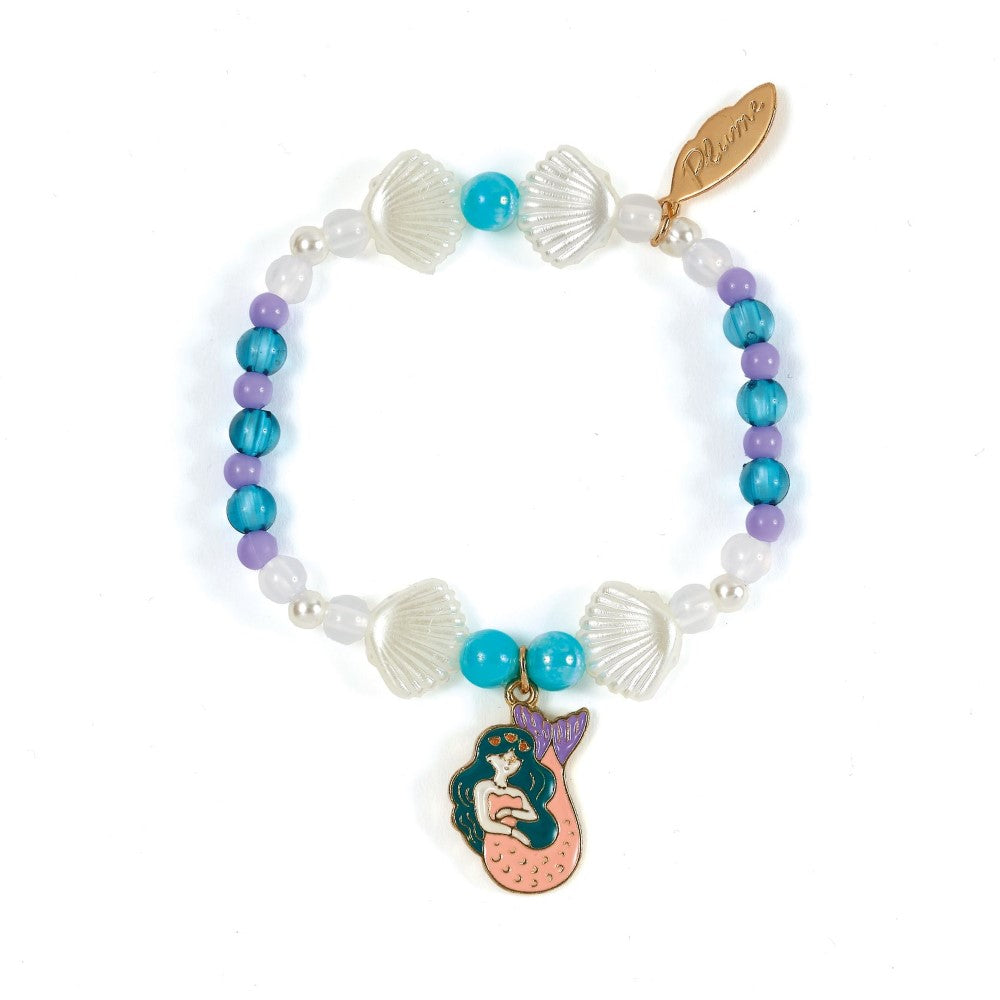 Colorful beaded bracelet with mermaid charm on a white background