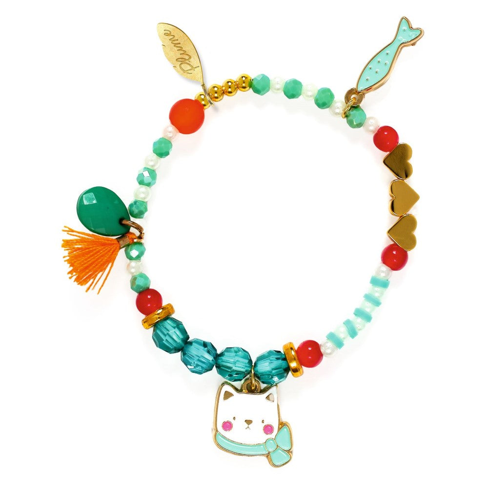 Colorful beaded bracelet with a cat charm on a white background