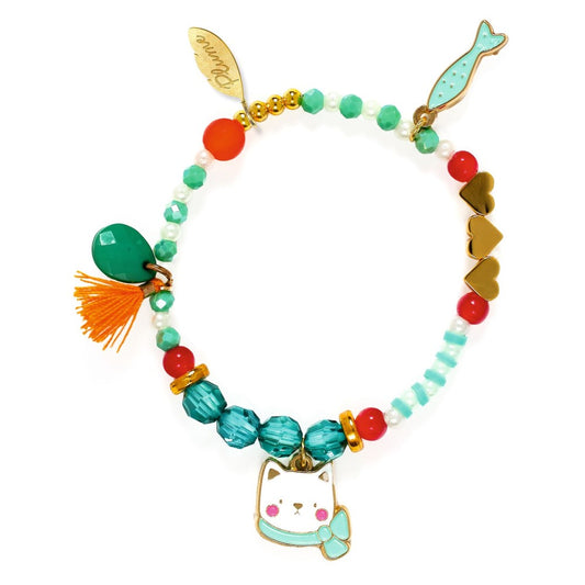 Colorful beaded bracelet with a cat charm on a white background