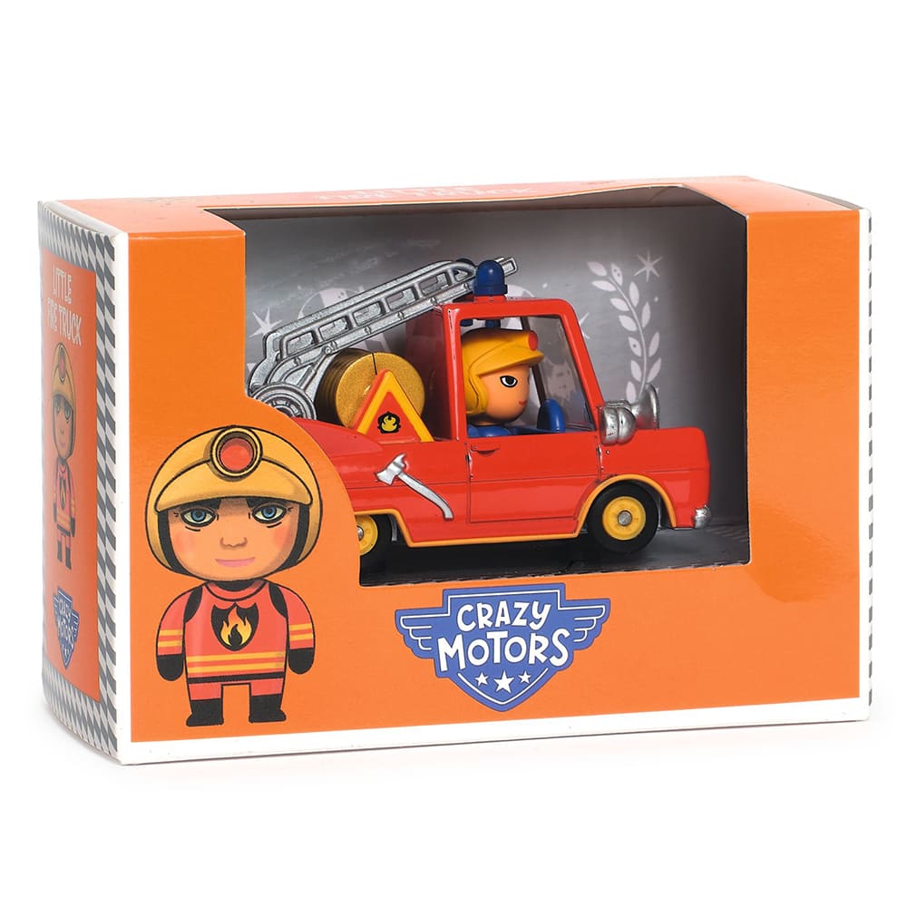 Toy fire truck with figure in packaging, brand 'Crazy Motors' visible