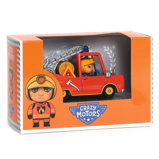 Toy fire truck with figure in packaging, brand 'Crazy Motors' visible