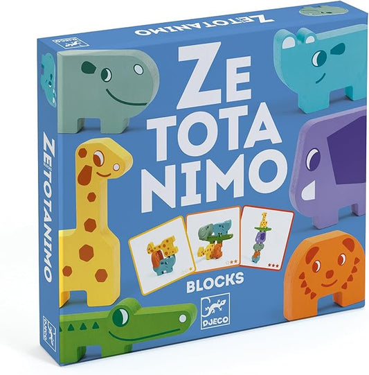 Box of Zetotanimo blocks with colorful animal illustrations on a blue background