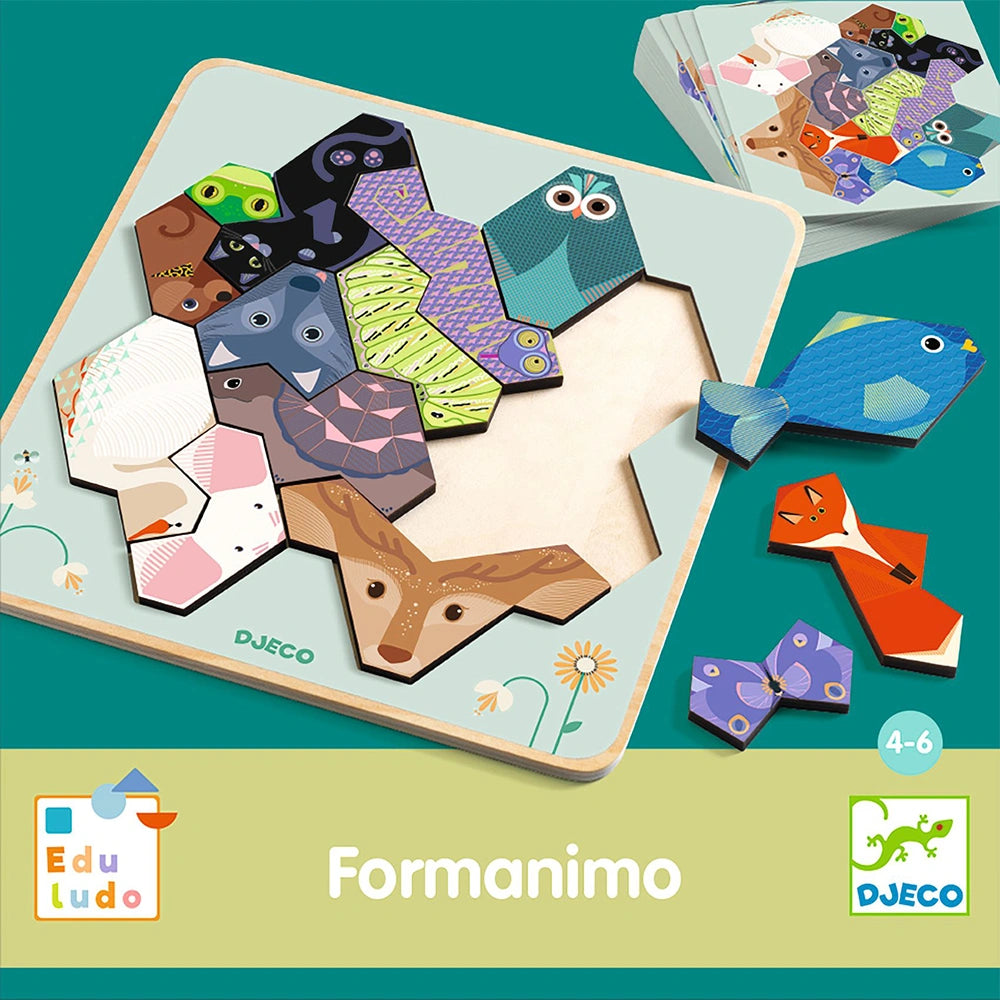 Children's wooden puzzle with animal shapes on a green background, featuring the brand Djeco.