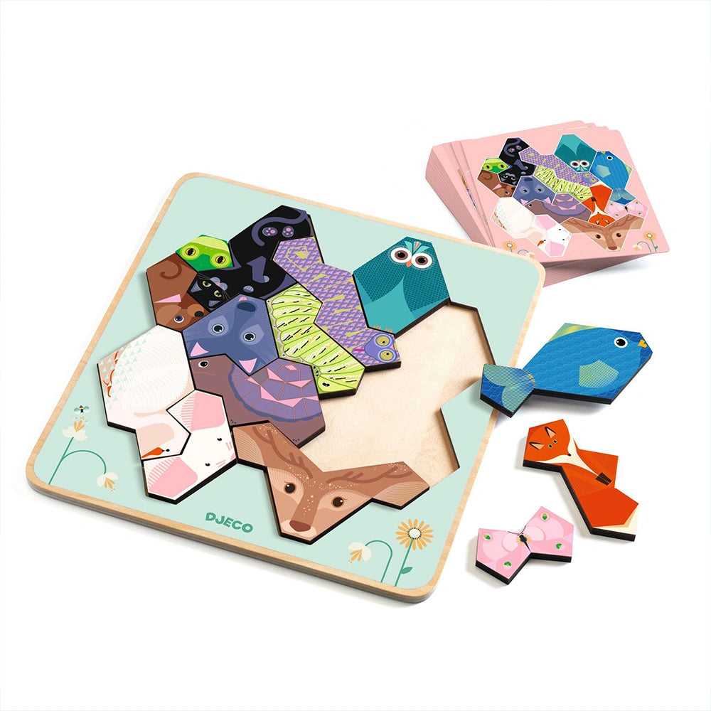 Children's wooden puzzle with animal shapes on a light blue background