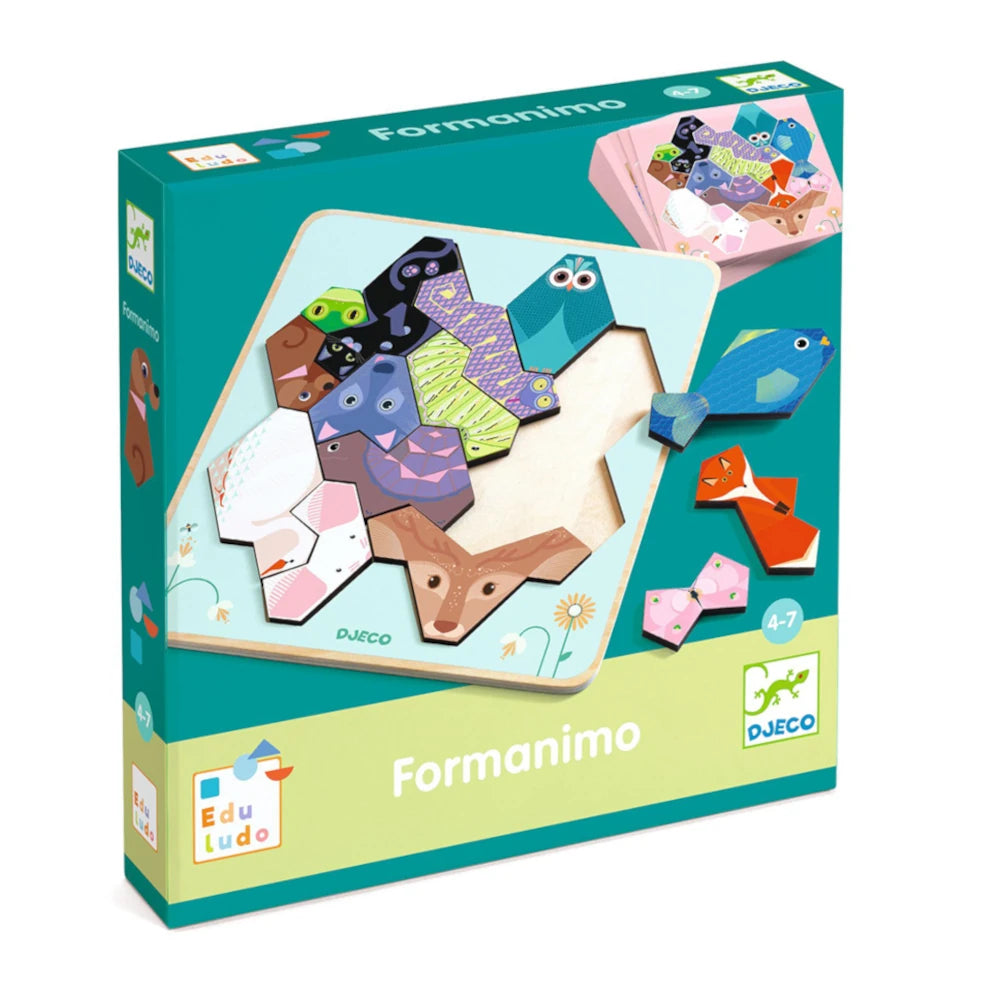 Box of Formanimo wooden puzzle by Djeco on a white background