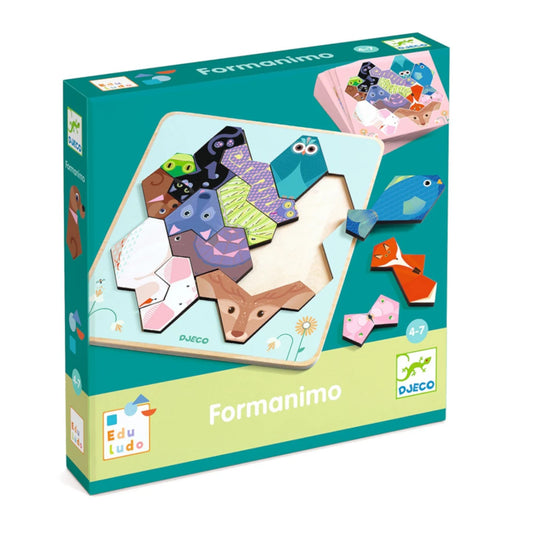 Box of Formanimo wooden puzzle by Djeco on a white background