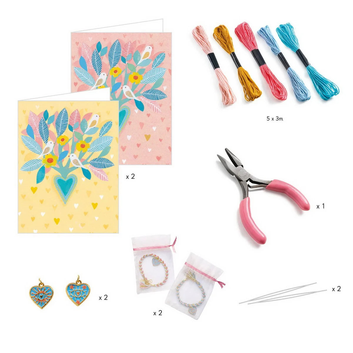 Jewelry-making kit with cards, thread, pliers, charms, and needles on a white background