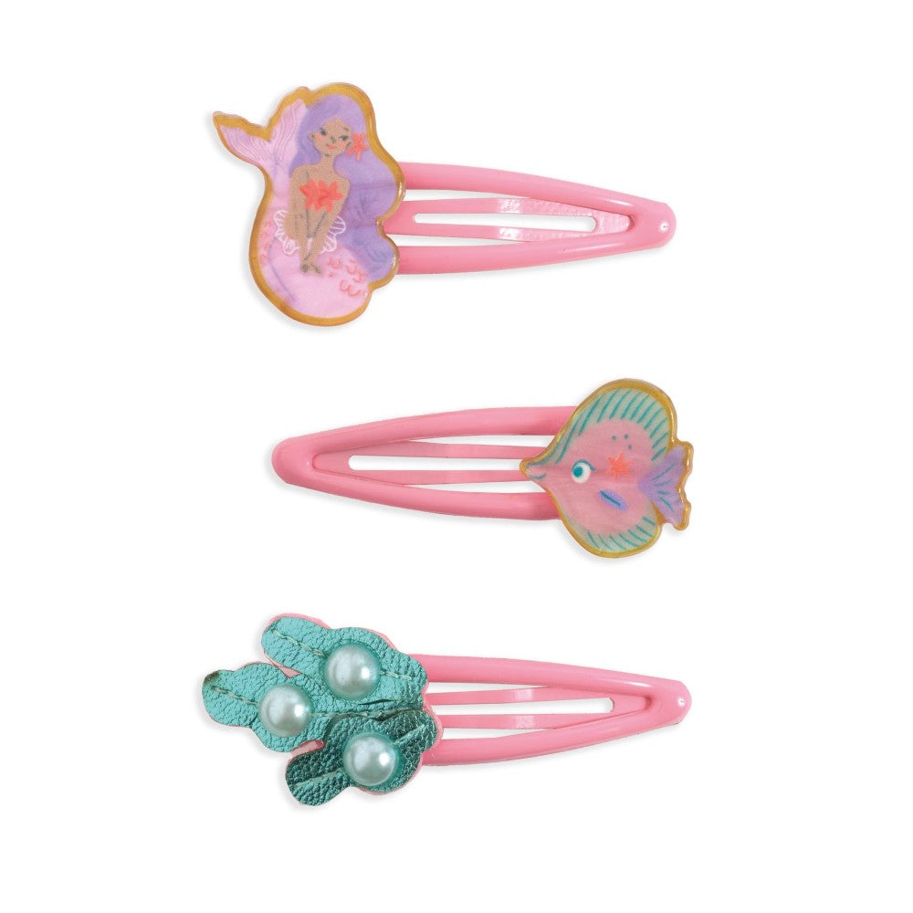 Set of three hair clips with mermaid, fish, and pearl designs on a white background