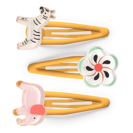 Three colorful hair clips with animal and flower designs on a white background