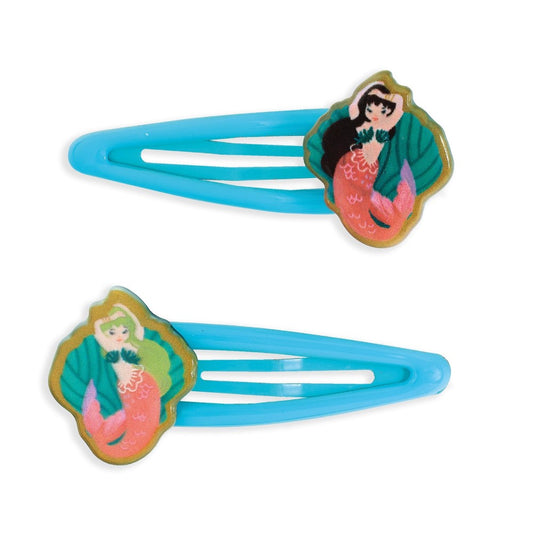 Two blue hair clips with mermaid-themed designs on a white background