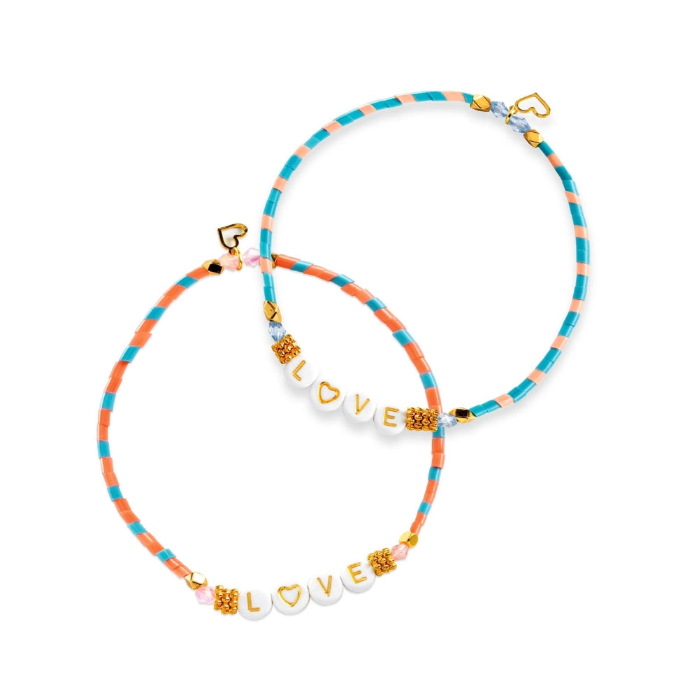 Two colorful beaded necklaces with 'LOVE' beads on a white background