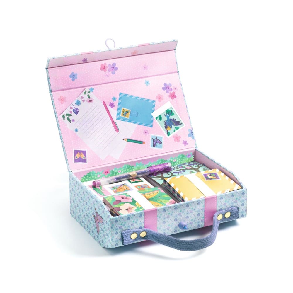 Children's stationery set in a pink and blue suitcase on a white background