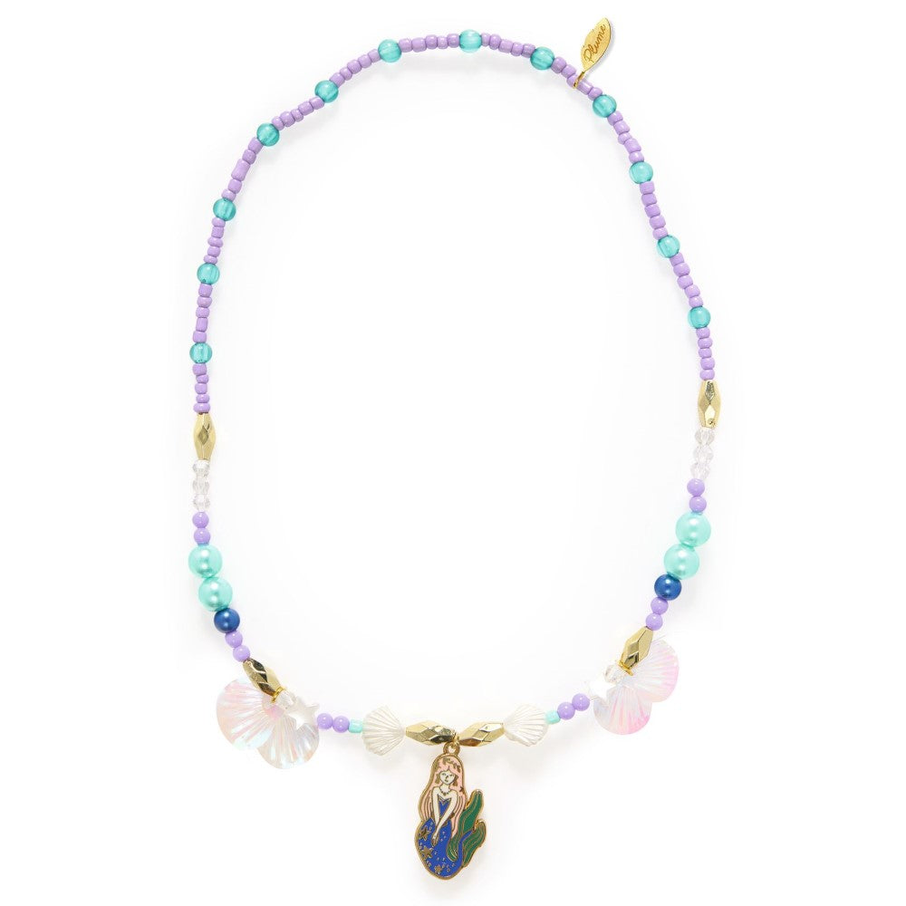 Colorful beaded necklace with shell and leaf charms on a white background