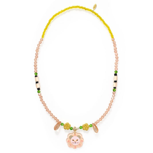 Necklace with colorful beads and a lion charm on a white background