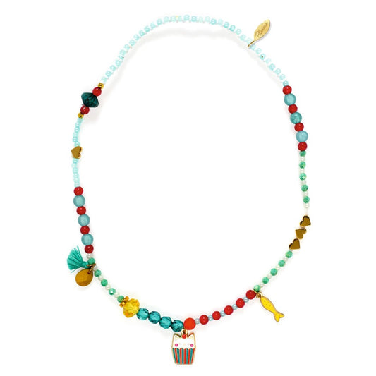 Colorful beaded necklace with various charms on a white background