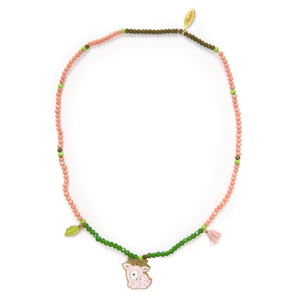 Necklace with pink and green beads and a pink pig charm on a white background