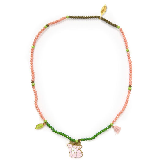 Necklace with pink and green beads and a pink pig charm on a white background