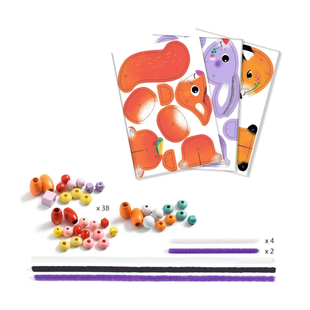 Fine motor construction with thread and beads: Cute animals, Djeco