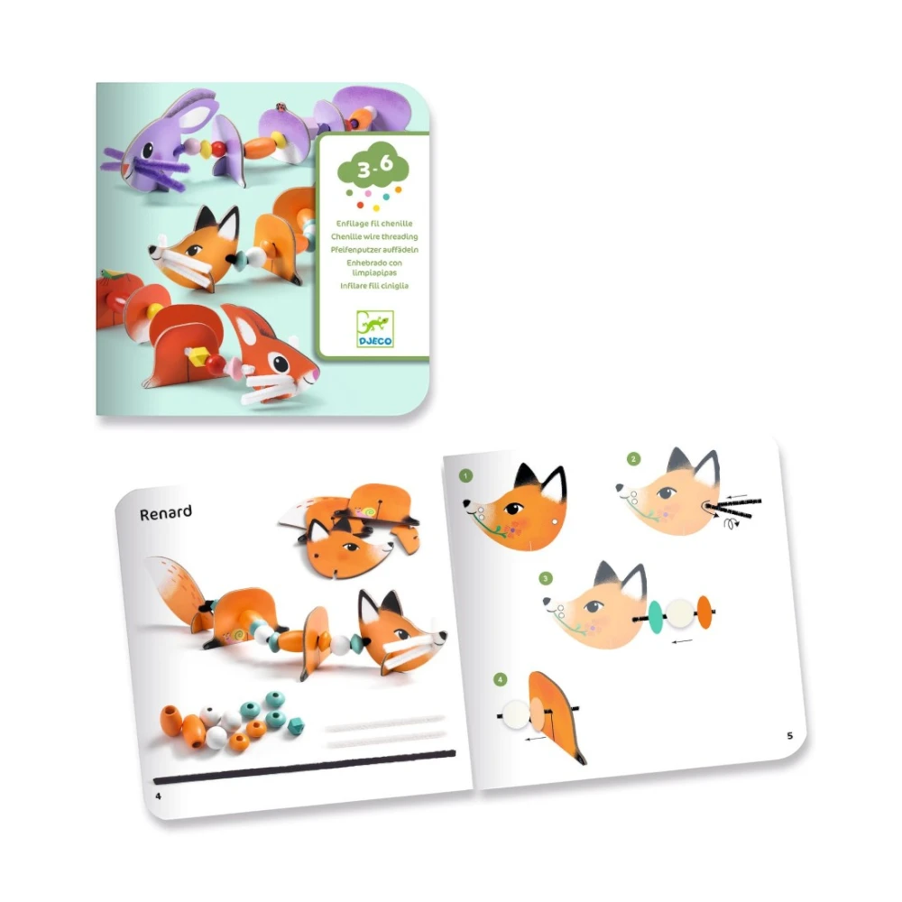 Fine motor construction with thread and beads: Cute animals, Djeco