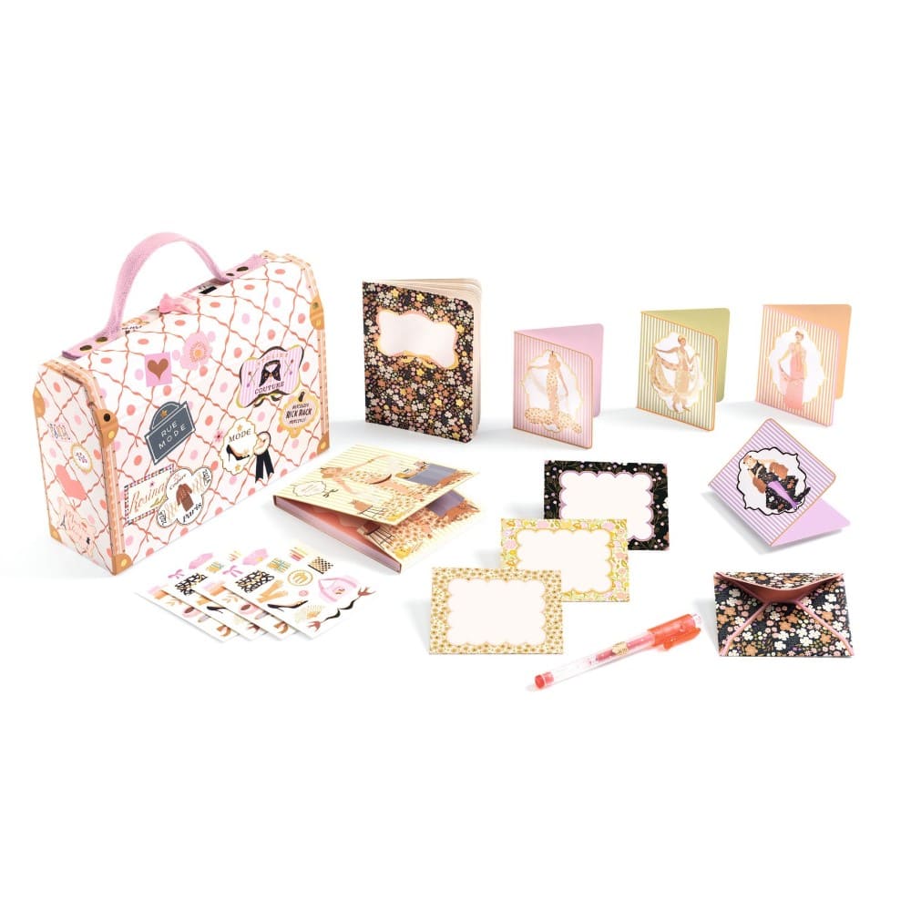 Collection of decorative items including a patterned box, cards, and photo frames on a white background
