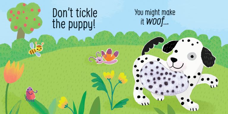 Illustration of a Dalmatian dog in a garden with text advising not to tickle the puppy.