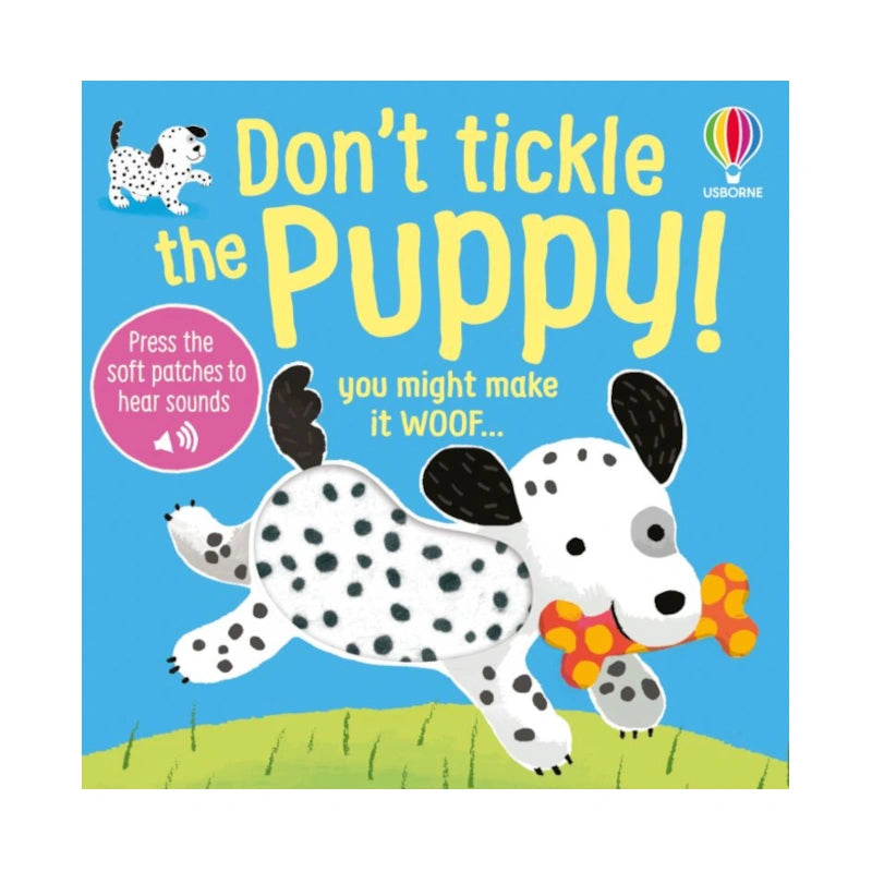 Book cover of 'Don't Tickle the Puppy!' with a cartoon dalmatian and text on a blue background.