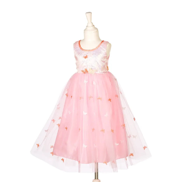 A sleeveless pink tulle dress displayed on a mannequin against a plain white background. The dress has a white embroidered bodice with peach trim and a full pink tulle skirt decorated with small peach butterfly motifs.