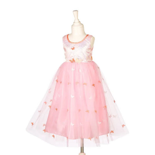 A sleeveless pink tulle dress displayed on a mannequin against a plain white background. The dress has a white embroidered bodice with peach trim and a full pink tulle skirt decorated with small peach butterfly motifs.